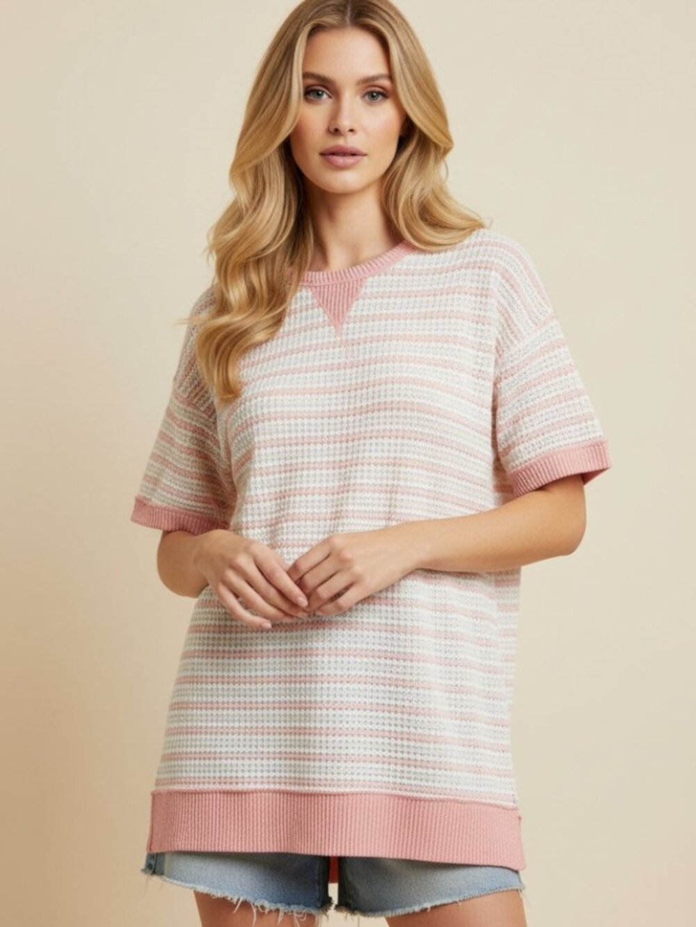 B119 Striped Knit Short Sleeve top in Pink NEW